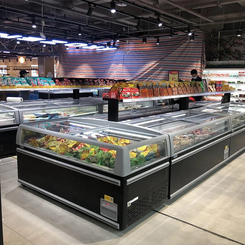 Commercial Sliding Glass Door Chest Display Island Freezer for Supermarket