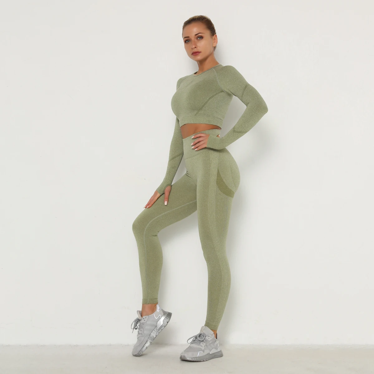Hot Selling Fitness Girl Active Wear Set Slim Long-sleeved Yoga Suit Scrunch Butt Leggings