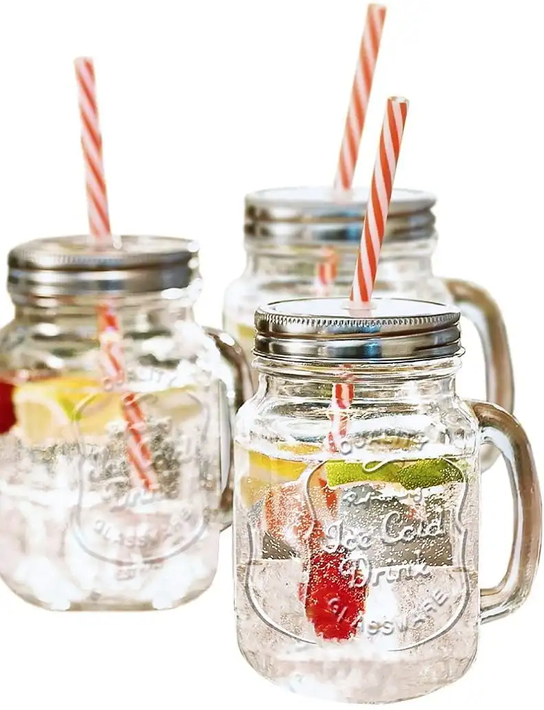 Custom Logo 16 Oz Glass Mason Jars With Lids And Straws Mason Jars Mug With Handles And Metal Lids