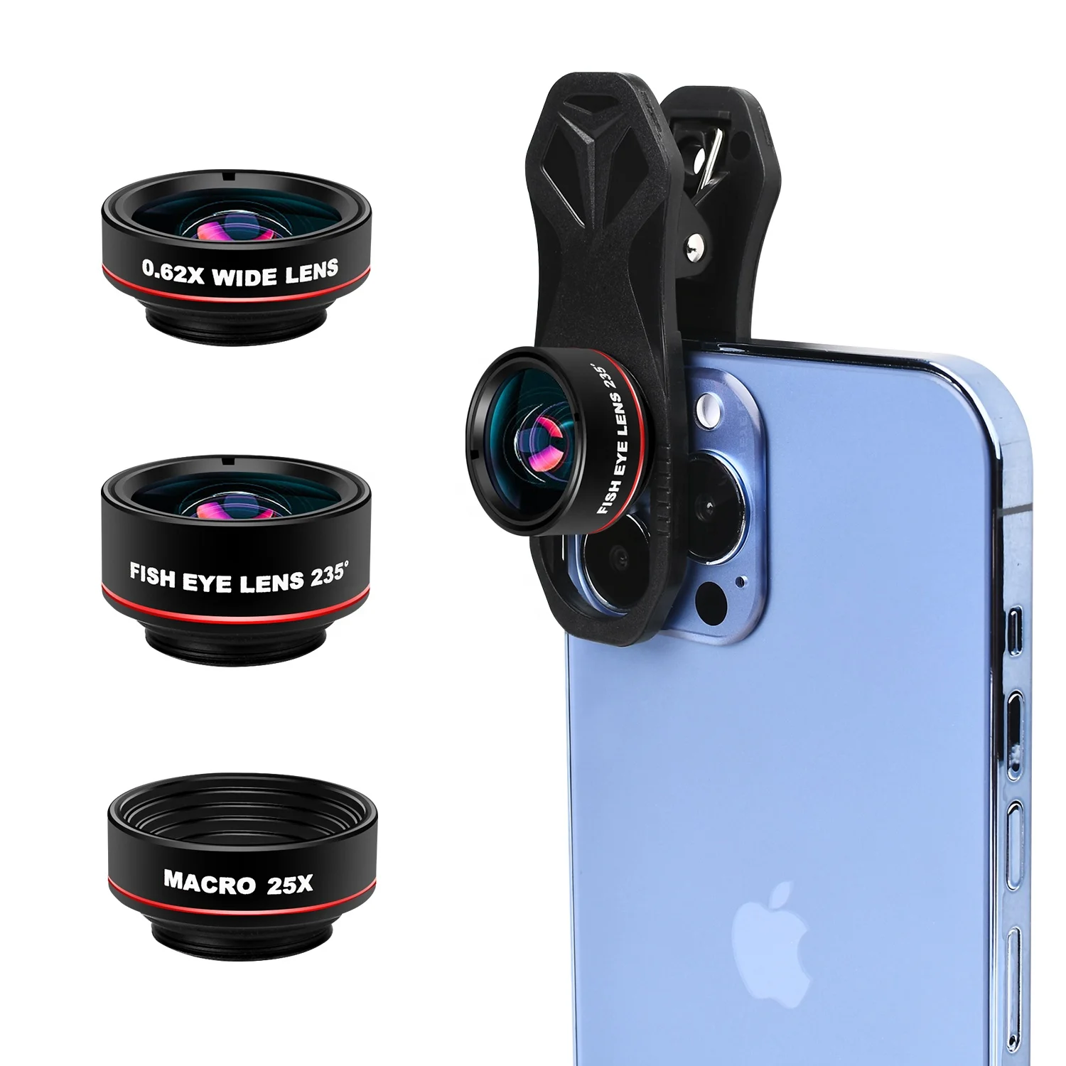 Brand Quality 180 Degree Fish Eye Lens+0.62X Wide Angle+25X Macro Lens Universal HD Mobile Phone Lens Kit for iPhone Android