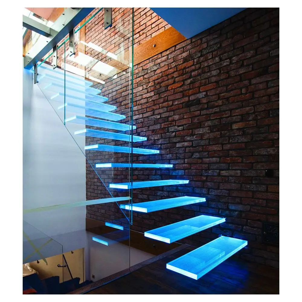 CBDMART Modern Glass Staircase Ultra-White Laminated Tempered Glass Stair Indoor Household Glass  With  LED Light