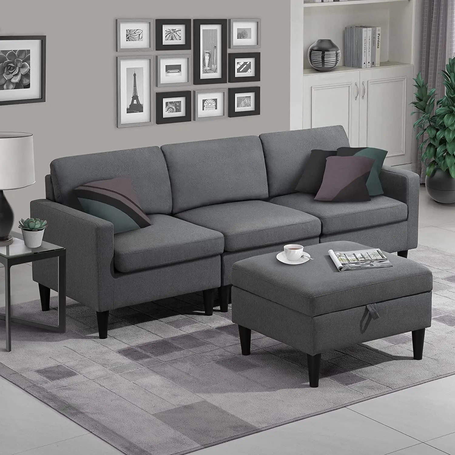 Sans L Shaped 3 Seater Brown Fabric Convertible Sectional Sofa With Reversible Chaise For Living Room