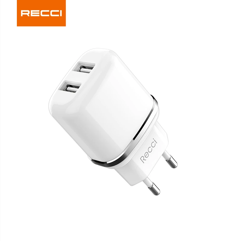 Recci High quality portable EU plug 5V2.4A Dual port  travel charger wall charger USB home adapter for iPhone mobile phone