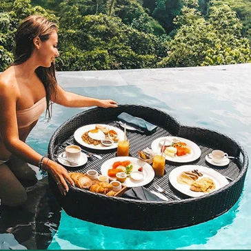 villa heart shape swimming pool floating breakfast tray New design hotel beach Swimming pool water rattan floating tray