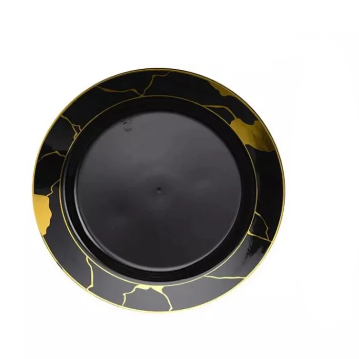 Customized Logo Black and Gold plastic plates Dinner plate and Dessert plate sets disposable for party supplies Silverware sets