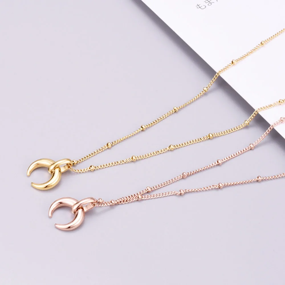 woman fashion waterproof non-tarnish stainless steel 18k gold plated beads chain horn necklace