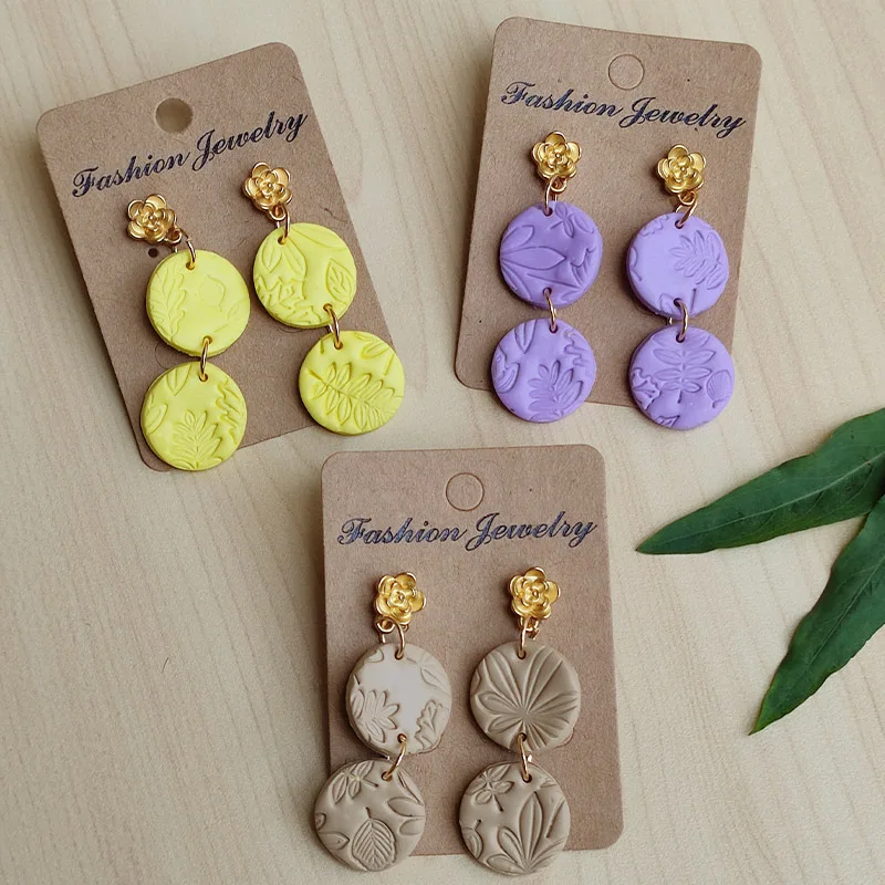Hand embossed round soft clay earrings double hoop polymer clay earrings jewelry