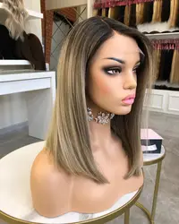 Ready To Ship 100% European Human Hair Ombre Brown Dyeing Bob Cut Silk Straight Transparent 5*5 Lace Closure Wigs For Women