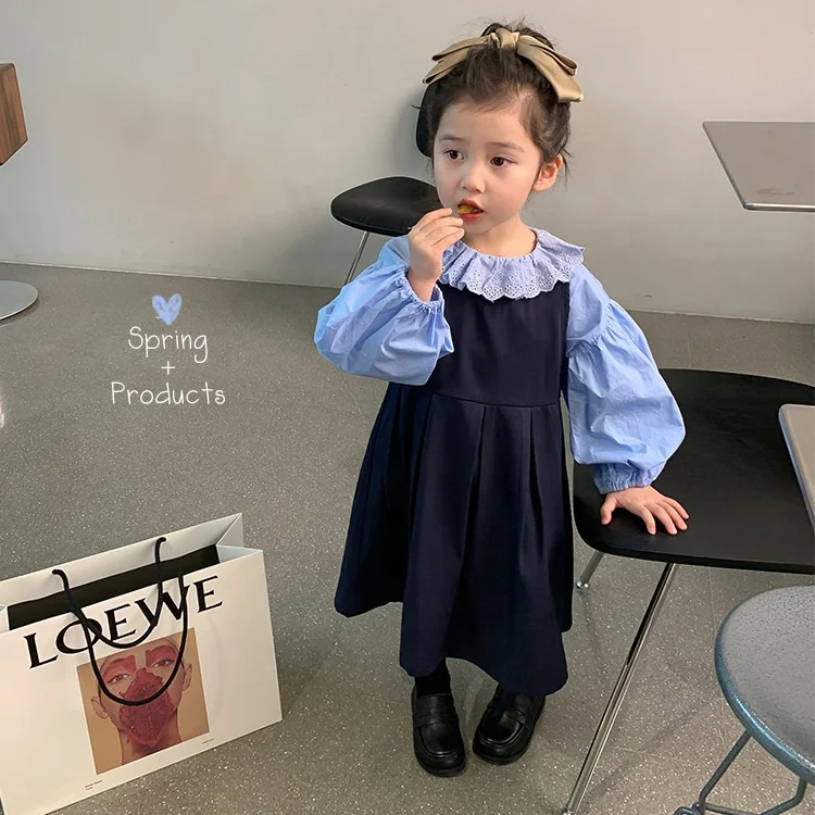 2022 Autumn Beautiful Girls Wear Long Sleeve Solid Color Ruffle Shirt Suspender Dress 2PCS Children Clothes Wholesale