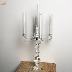 Popular cheap price 5 lights elegant 80cm tall crystal glass candelabra glass tubes candleholders wholesale