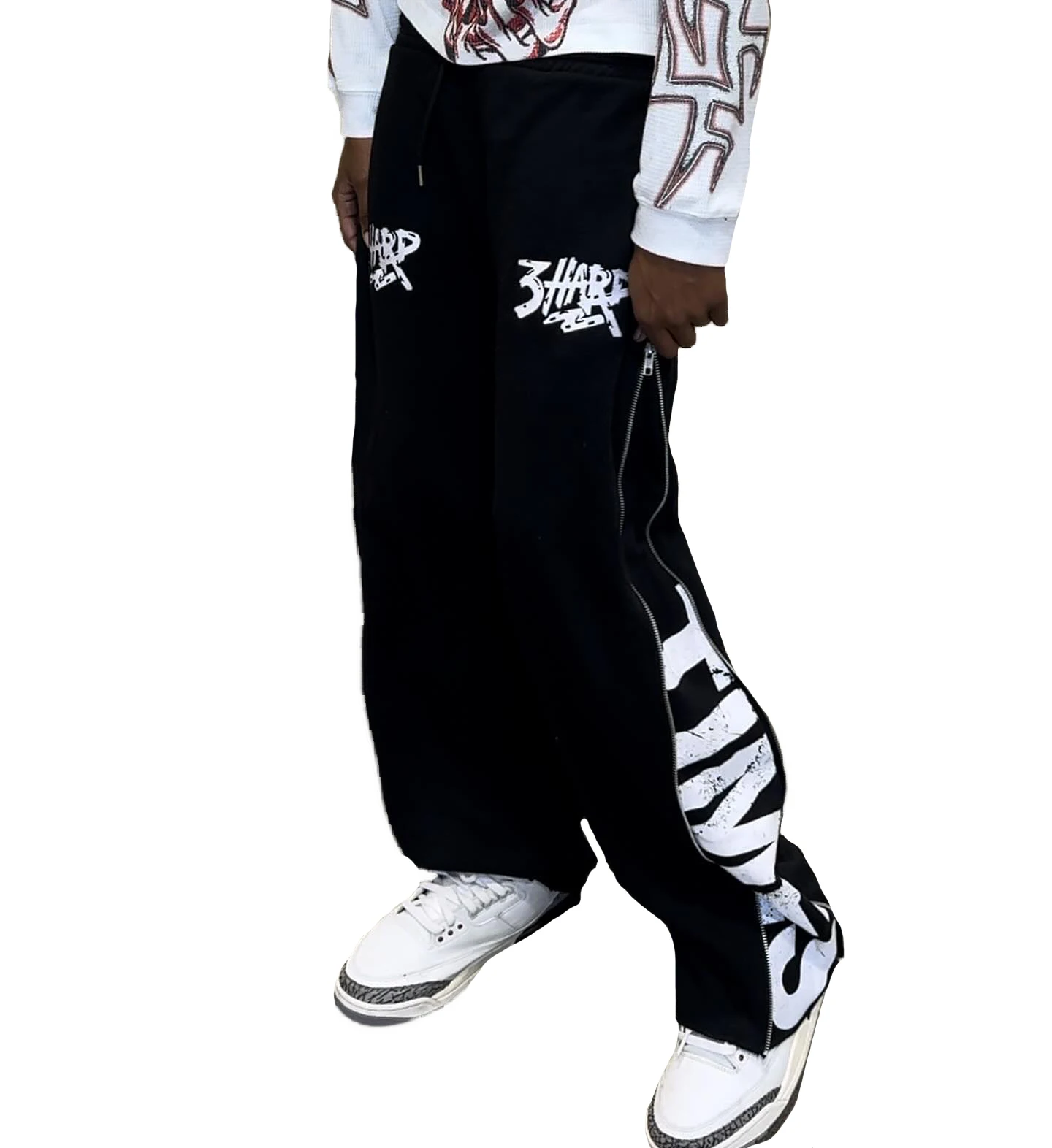 Custom Men High Quality Streetwear Cotton Zip Up Y2k Wide Leg  Washed Baggy Flared Sweatpants