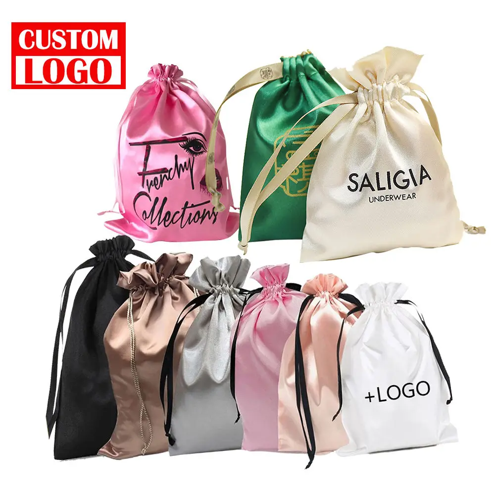Satin Bags Custom Logo Satin Drawstring Bag For Packaging Hair Extensions Bundles Wigs Soft Silk Pouches