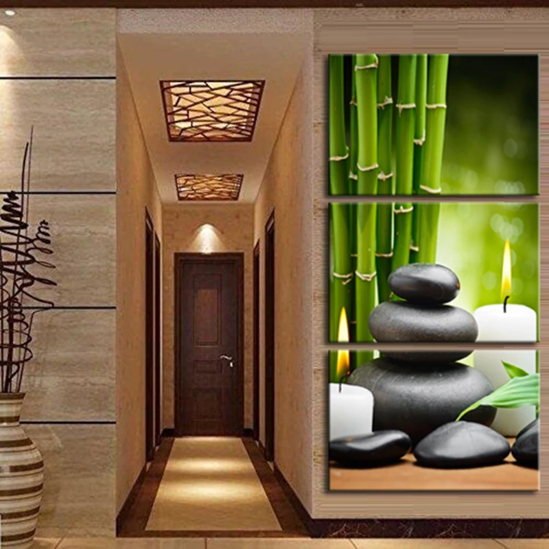 
3 Piece Hd Picture Green Bamboo SPA Stone Candle Posters Art Decoration Wall Canvas Print Painting 