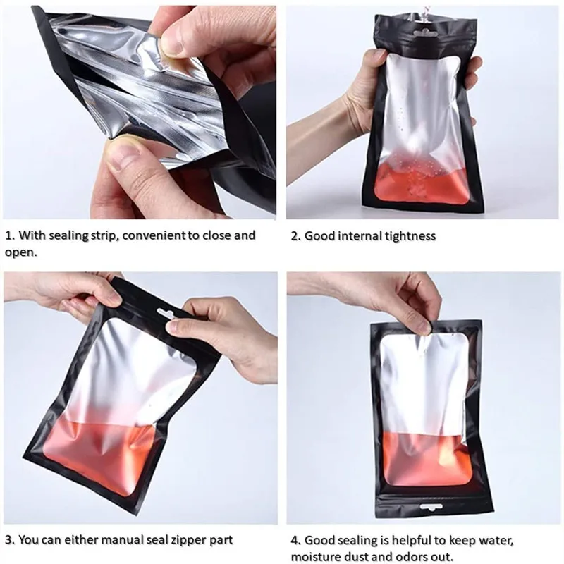 Heat seal food storage resealable foil pouch euro hang hole odorless mylar bags clear window Aluminum matte black ziplock bags