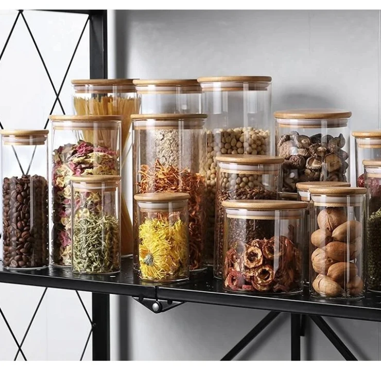 Glass Storage Jars with Bamboo Lid Cylinder Cereal Container kitchen tank glass jar