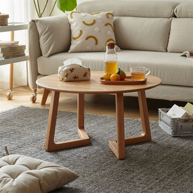 Log Color Low Modern Round Solid Oak Wooden Coffee Table for Coffee Shop