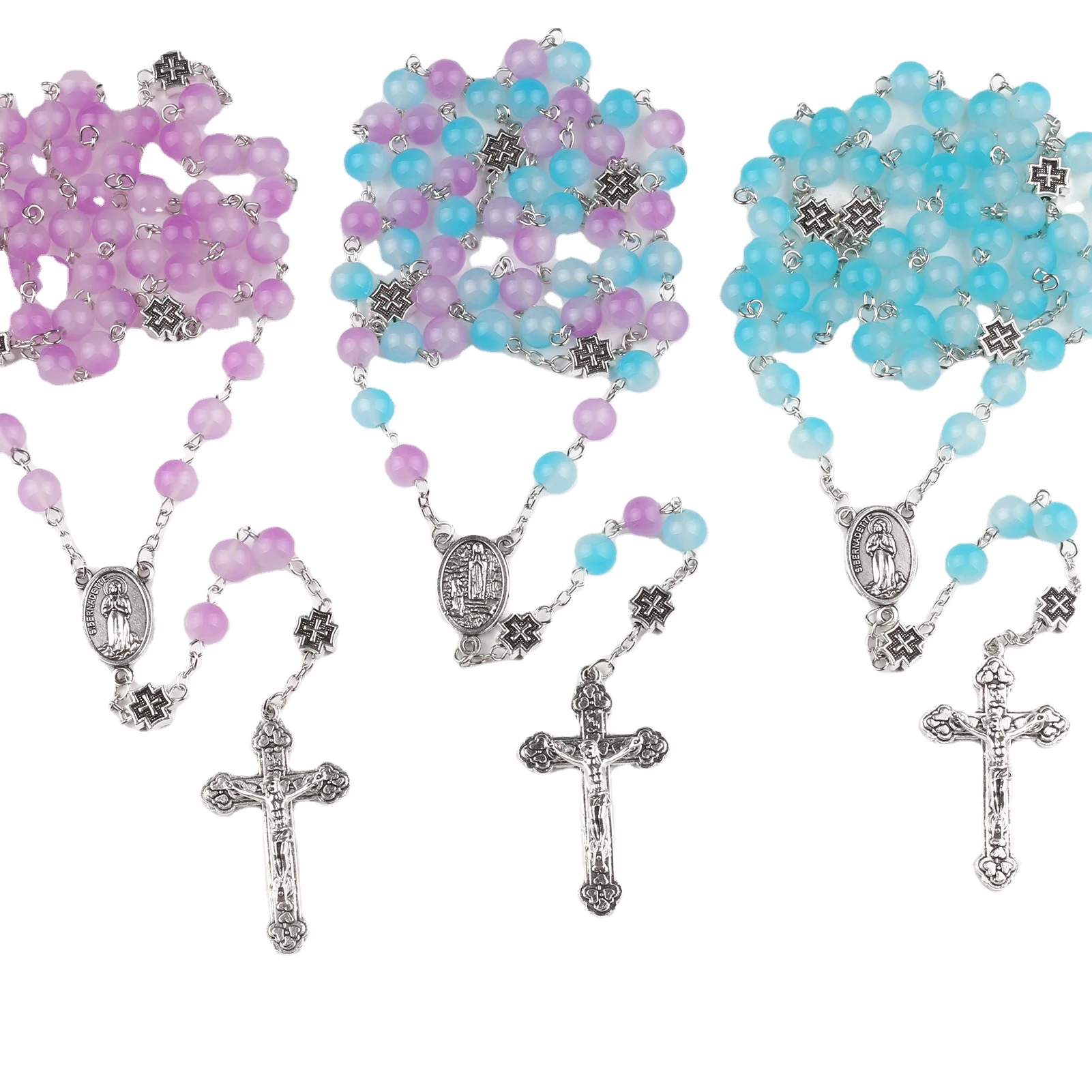 8mm glass beads with cross beads catholic virgin mary rosary necklace