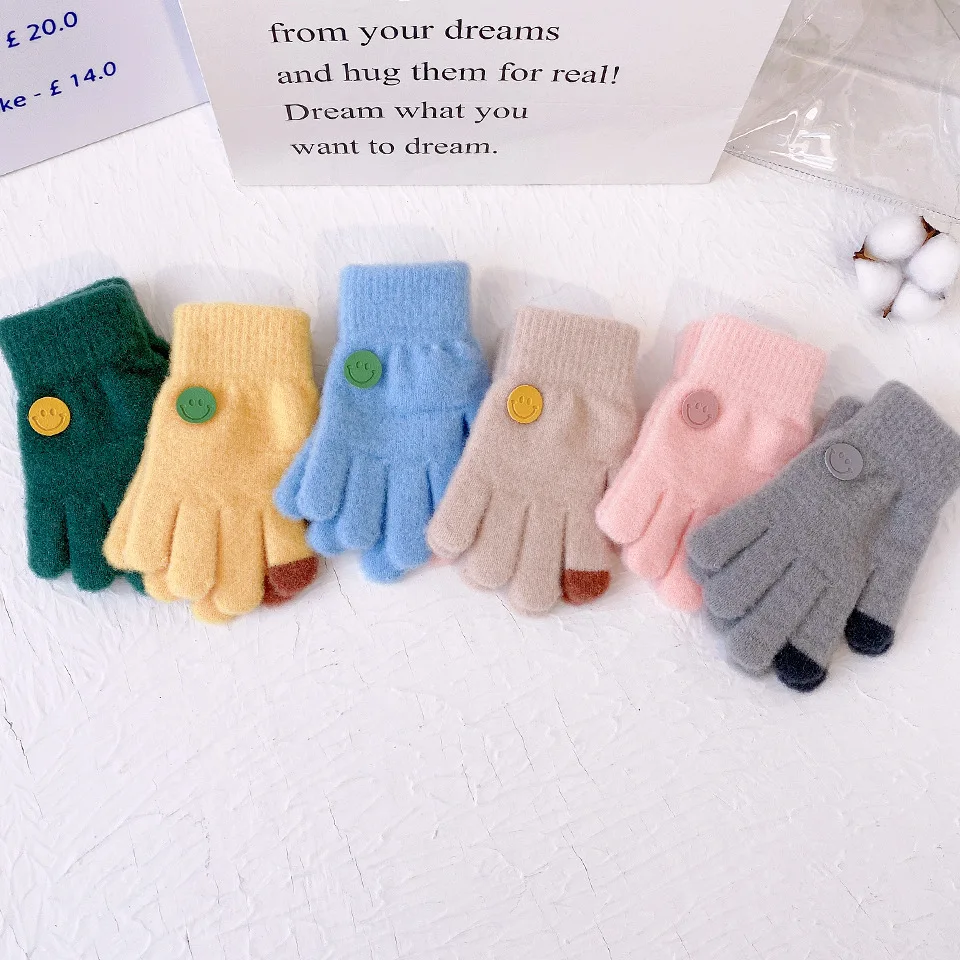 Factory Wholesale Five fingered smiling face knitted mittens children men and women mitten knitted kids winter warm gloves