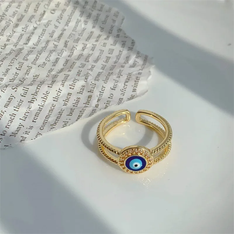 New Design Turkish Blue Eye Finger Ring Jewelry Open Adjustable Dainty Oil Drop 18K Gold Plated Evil Eyes Rings Women