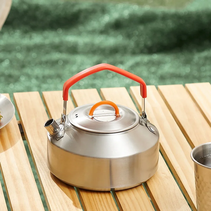1.0L Stainless Steel Portable Kettle with Red Handle for Outdoor Camping Hiking Bushcraft-Coffee Tea & Cooking Pot Accessories