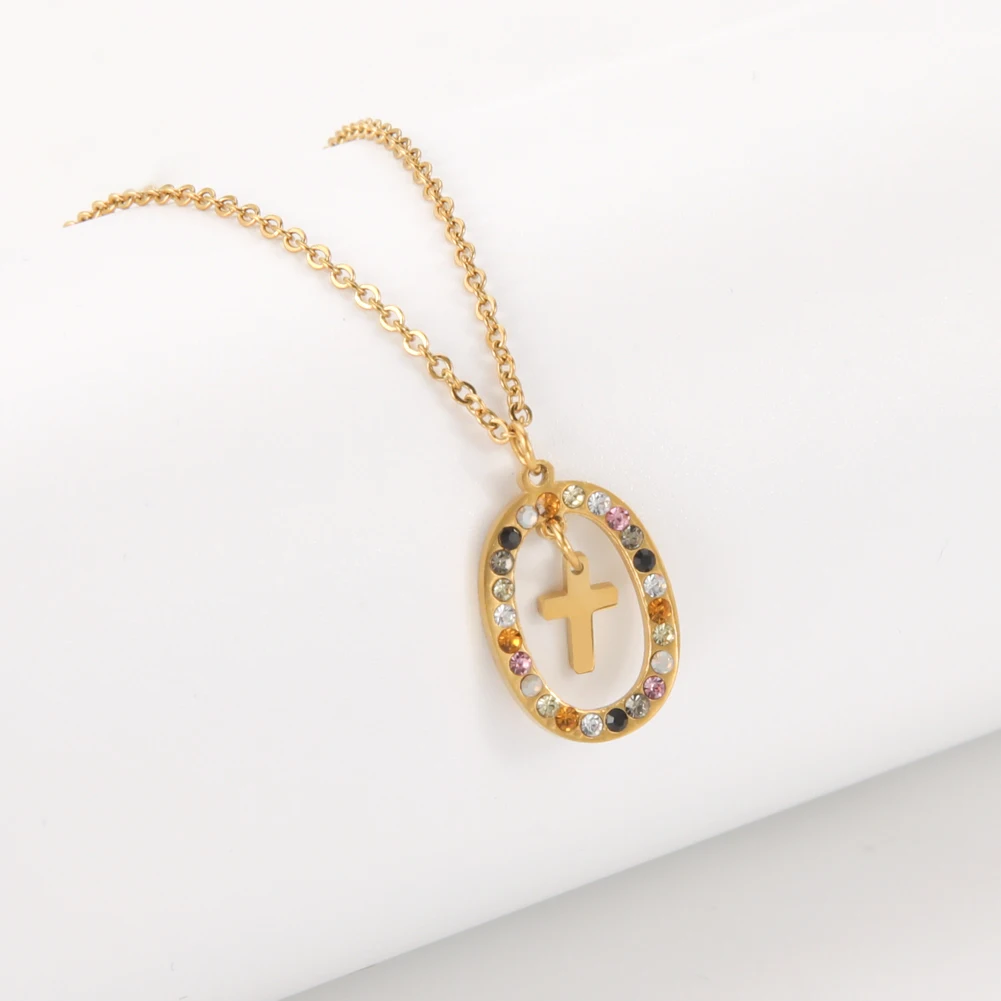 Нержавеющая сталь крест кулон ожерелье с блестящими красочными цирконами женщин религиозная Вера Ювелирные изделия Рождественский подарок