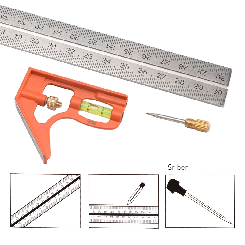  Stainless Steel Combination Try Square Ruler 300mm Adjustable 45 Degree Measuring Tool Universal Angle Turner