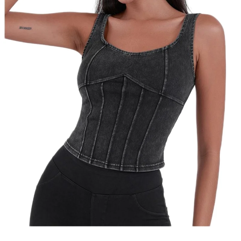 Aoyema Fashion Sexy Solid color Sleeveless U-shaped High Elastic denim Tank irregular suspender  Slim Sexy Yoga Tops Vest