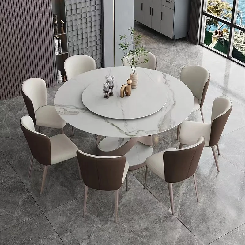 Modern design Italian carbon steel leg rock plate round table sintered marble table with 6 dining chairs