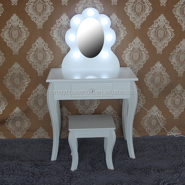 
Wooden Bedroom Furniture Makeup Vanity Desk LED Lighted Mirror Princess Dressing Table Set 