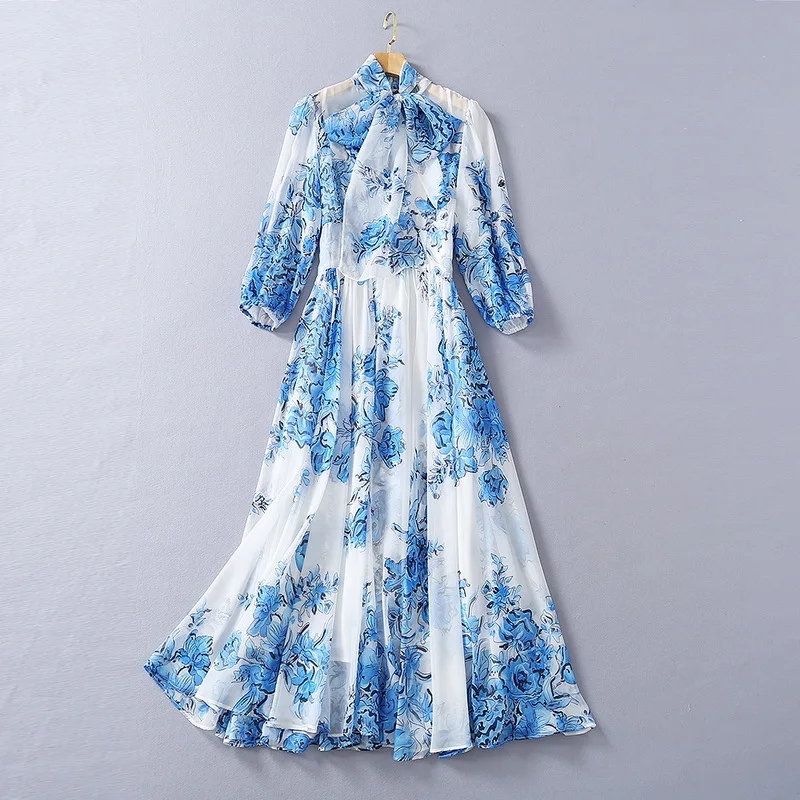 Blue And White Porcelain Long Dresses Summer New Elegant Chiffon Dress With Large Swing Fashion Silk Scarf Neck Bow Print