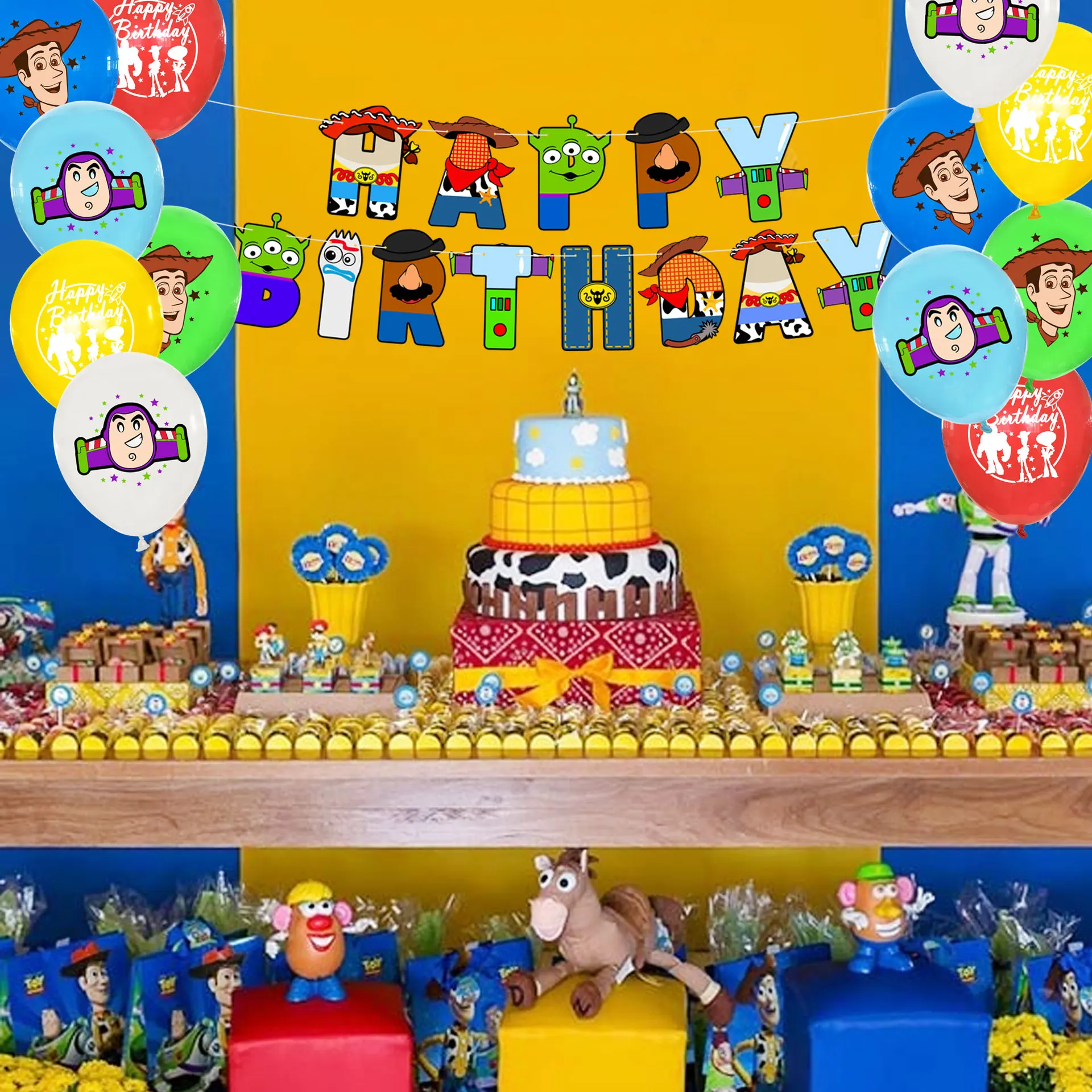 2022Hot Cartoon Toy Story Themed Banner Latex Balloon Set Cake Plugins Happy Birthday Kids Decorate Party Supplies