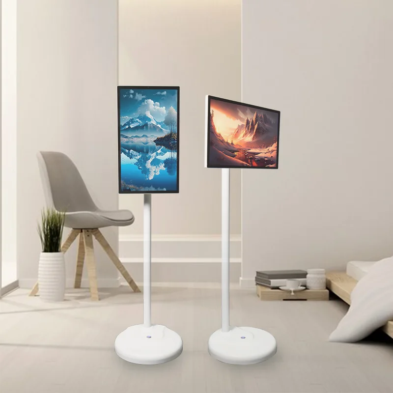 Standing Touch Screen Rotation 32 Inch Signag Digit Tiktok Live Stream Interactiuve Display Portable Tv On Wheels With Battery