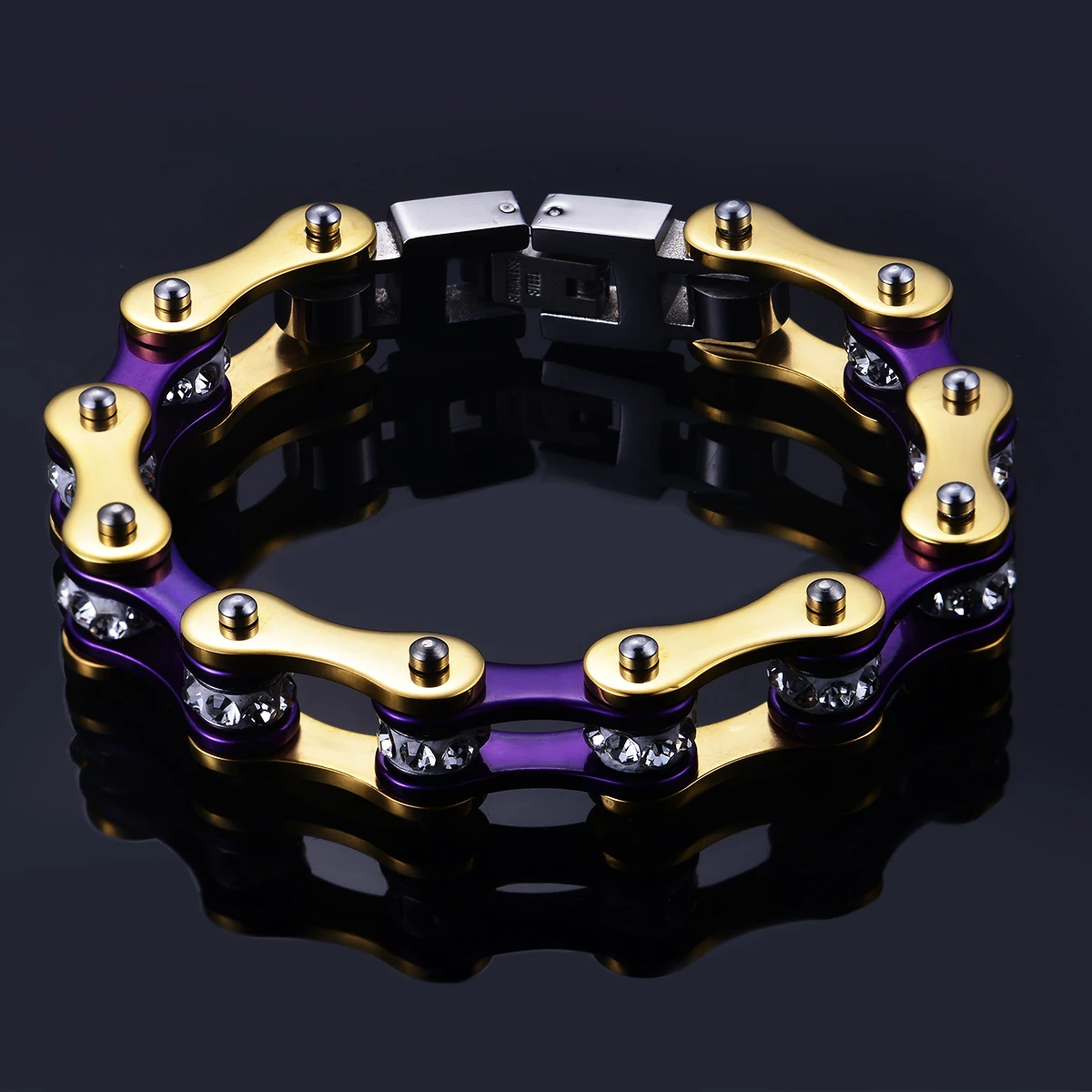 Motorcycle Chain Ladies Bling Bracelet Gold & Purple Color Link Chain 316 Stainless Steel Bicycle Biker Bracelet