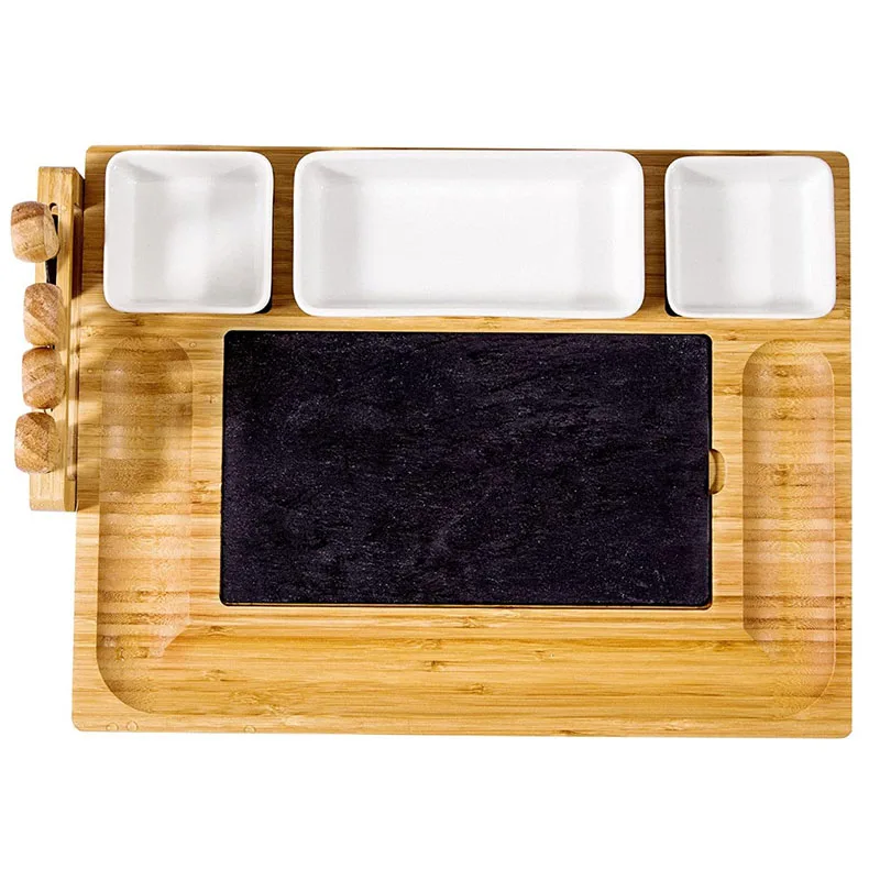 Natural 4 Knives Slate Stone Cutting Boards Platter 3 Ceramic Bowls Knives Set Bamboo Cheese Board