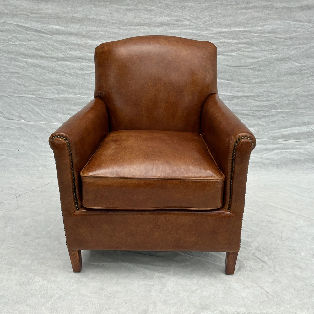 1920S French Camel Back Leather Club Chair Vintage Brown Genuine Leather Accent Armchair