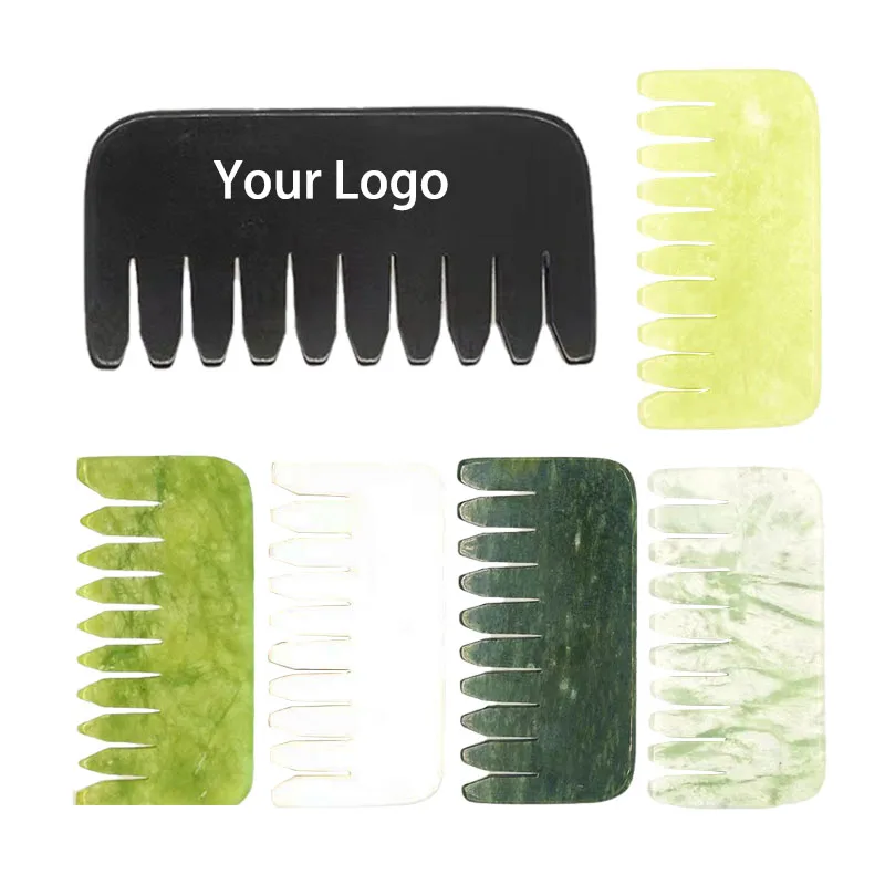 Custom Jade Comb Gua Sha Stone Scraper Tool, Black White Yellow Green Xiuyan Jade Head Scalp Hair Massage Tool Jade Guasha Comb