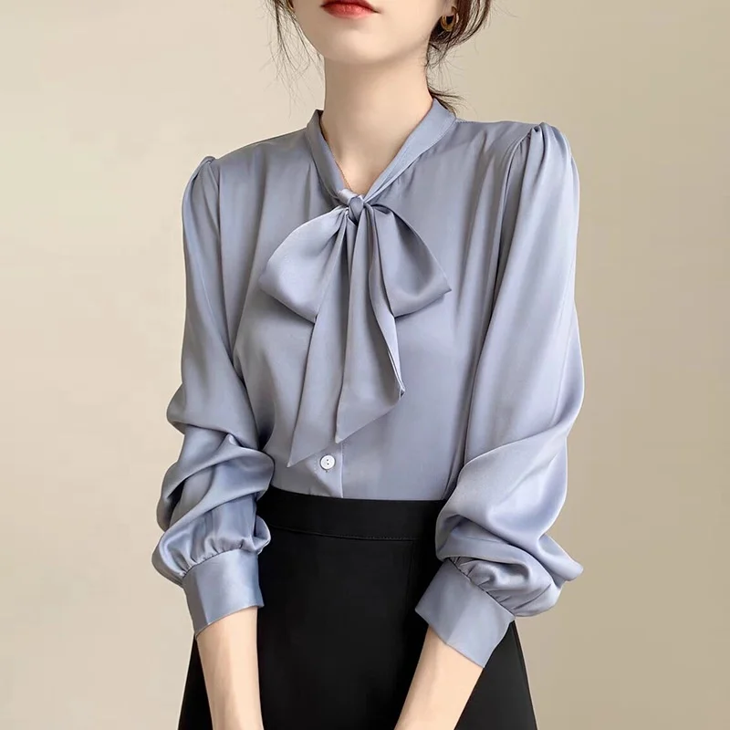 Womens Elegant Chiffon Formal Shirts Korean Tie Neck Blouse Slim Fit Satin Tops Office Wear Fashion Clothes Work Shirt