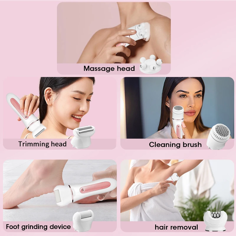 KS-1002 Lady Skin Care 6 in 1 Hair Removal Epilator Painless Rechargeable Epilator for Women Face Massage and Body Exfoliator