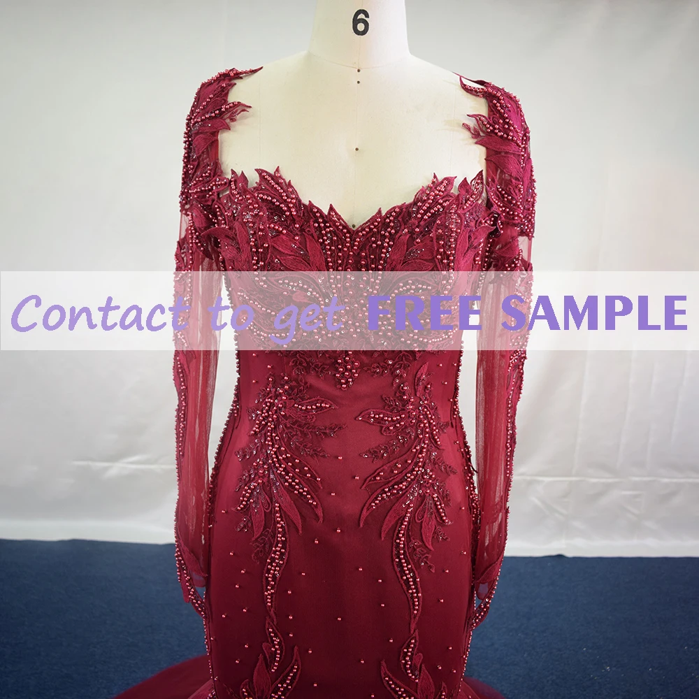 TEENYEE  Elegant Red Detachable Sleeves Satin Lace Beaded Wedding Dresses Mermaid Backless Evening Prom Gowns