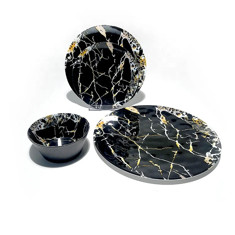 
Light weight high quality melamine black and white round servies plates set for dinner 
