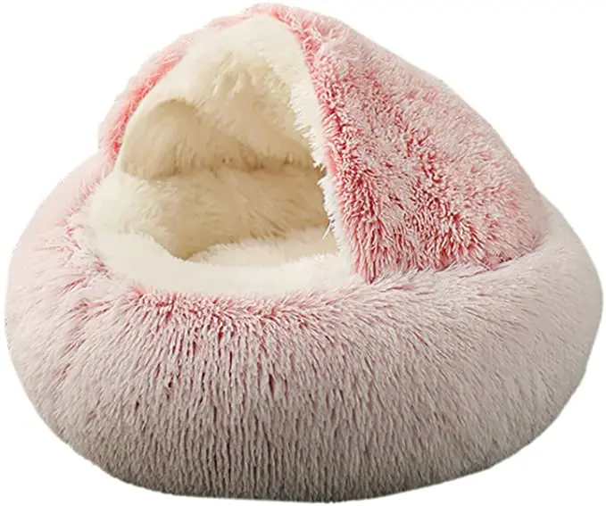 
Round Soft Plush Burrowing Cave Hooded Cat Bed Donut Comfortable Self Warming Pet Bed 