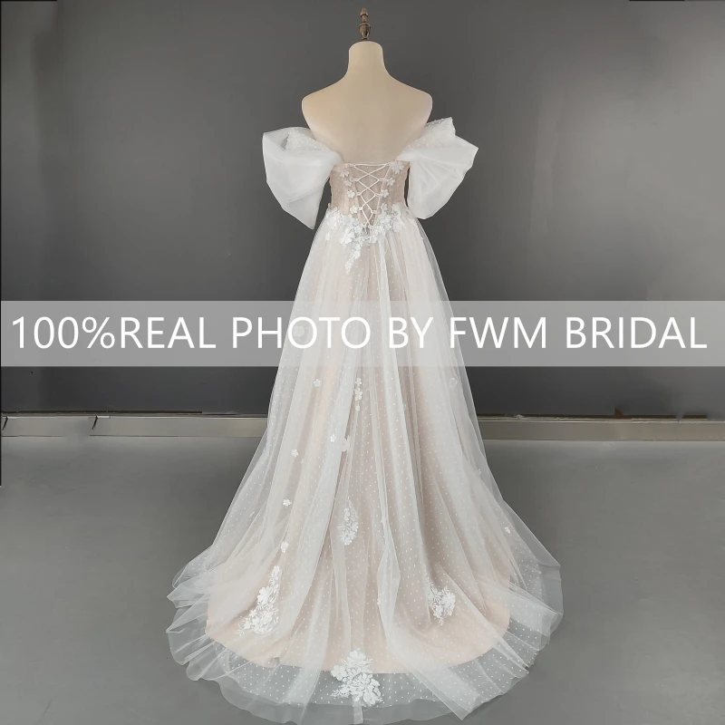 4562 # реальные фотографии 3D Цветочные открытые плечи V-образный вырез А-силуэт свадебное платье со шлейфом Свадебное с высоким разрезом низкая спина кружева в