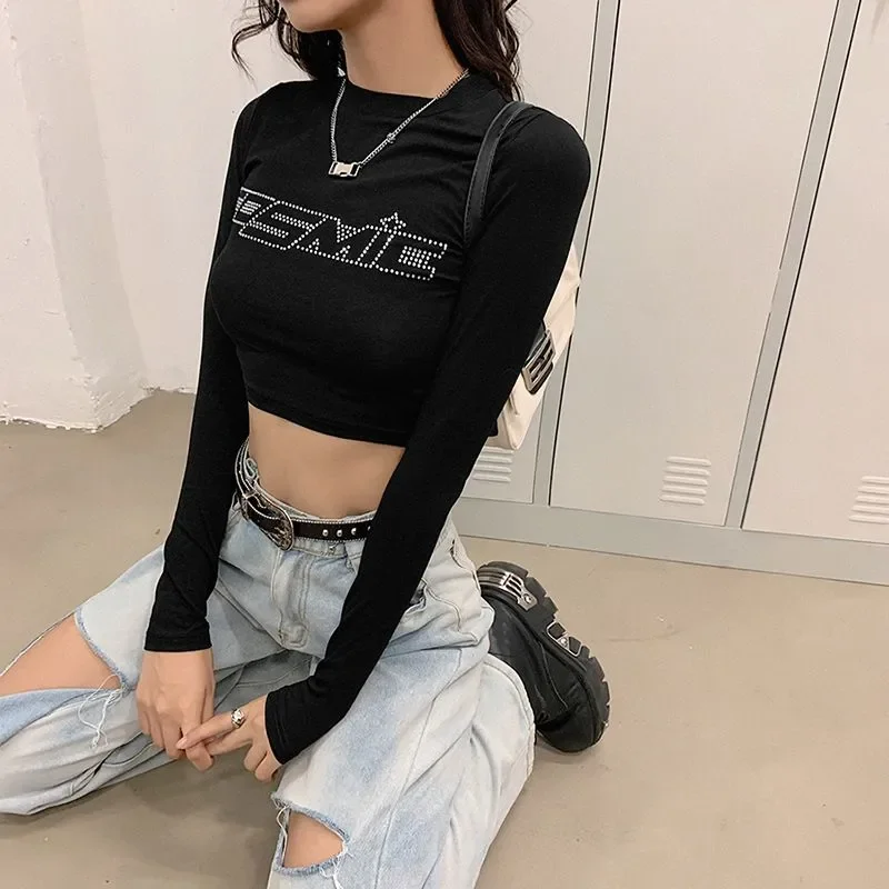 Wholesale Custom Logo Bling Fashion Long sleeve Vintage Women Rhinestone Crop Top T-Shirt