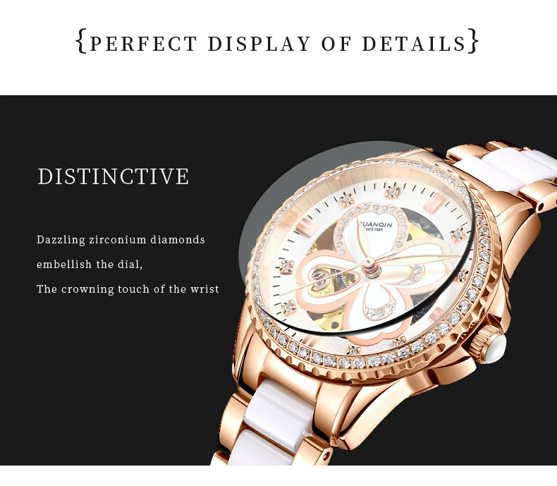 GUANQIN Brand Custom Logo Beautiful Design of Women  Ceramic Strap Automatic Mechanical Smart Watch