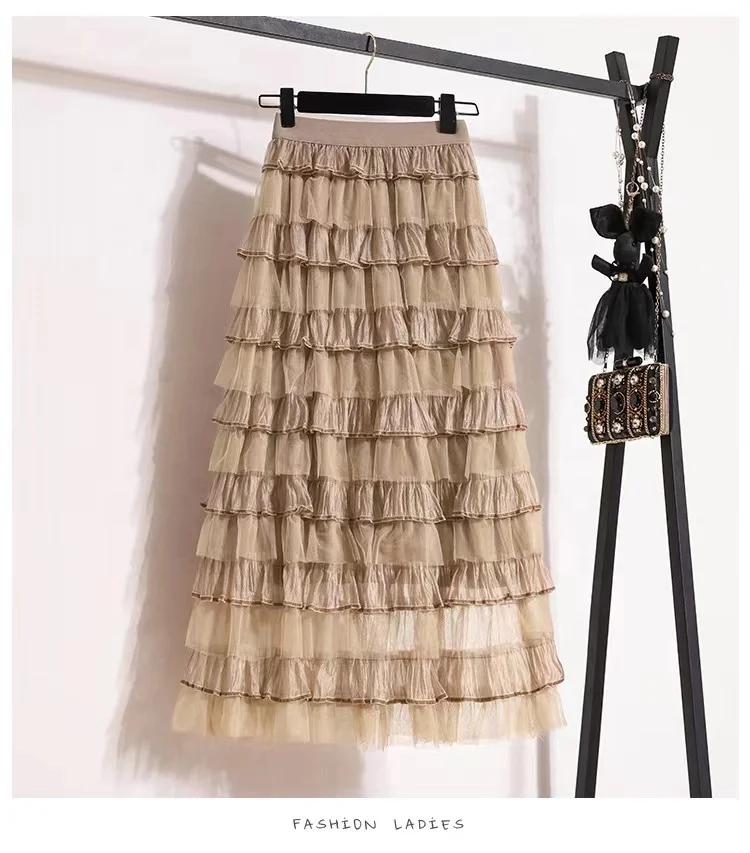 Hot Sale Long Maxi Pleated Skirts Woman Pure Color Sweet Elegant Spring Mesh Pleated Cake Skirt Lining Tutu Tulle Skirts