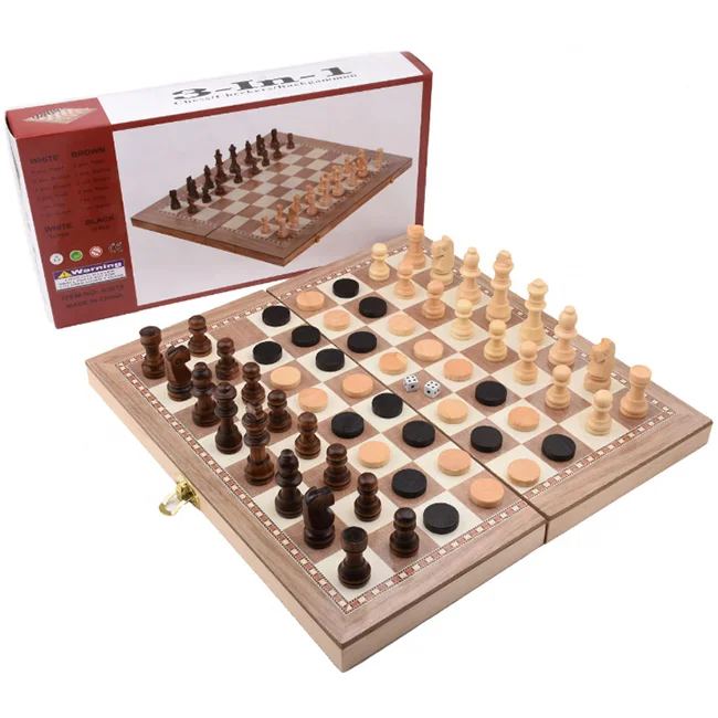 3-in-1 Wooden Chess Set for Adults and Kids, Chess & Checkers & Backgammon Folding Board Portable Travel Tabletop Game Toy