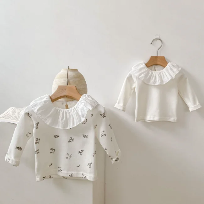CLW037  Infant and Toddler Girls Lotus Collar Flower Print Tops 0-2 Years Old Long Sleeve basic Shirt T-Shirt