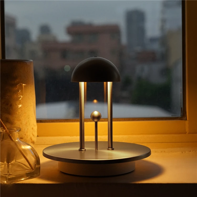 Golden Mushroom Table Light with Metal Shade - 360° LED Illumination, Rechargeable for Living Room and Bedroom