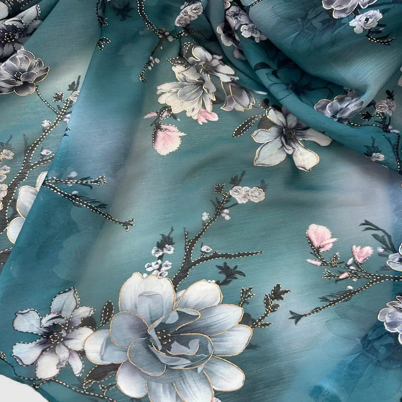 Navy Blue Floral Printed Chiffon See through Flower Print Tulle Suitable For Summer Dress or Evening Gown