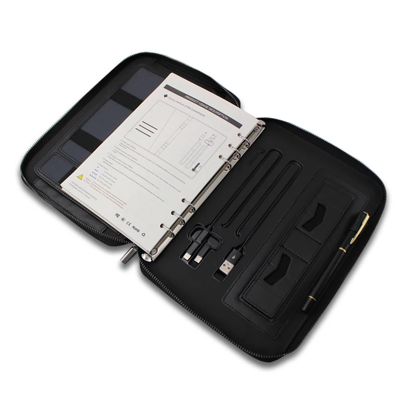 A5 Leather Notebook with Zipper Wireless Power Bank Portfolio File Folder Men Leather Powerbank Spiral / for Business Office